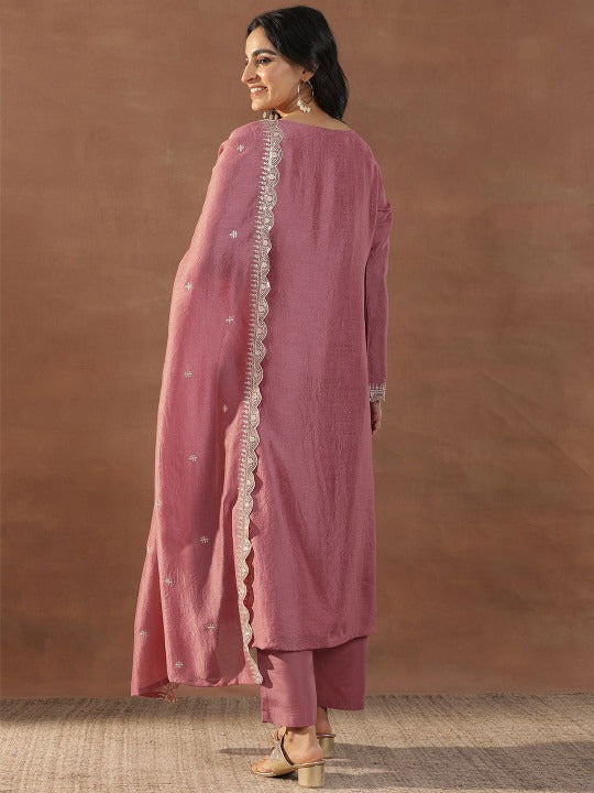 Women Floral Embroidered Regular Sequinned Kurta with Trousers & With Dupatta
