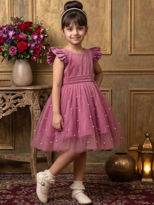 Girls Mauve Ruffled Sleeves Pearl Embellished Net Fit & Flare Party Dress