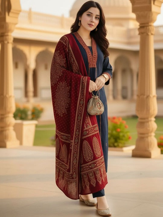 Women Ethnic Motifs Embroidered Regular Thread Work Kurta with Trousers & With Dupatta