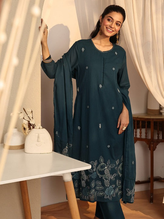 Women Floral Embroidered Regular Thread Work Kurta with Trousers & With Dupatta