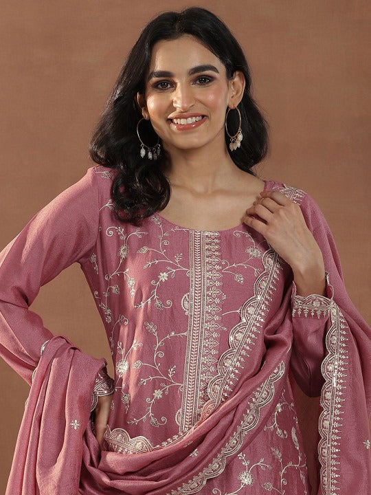 Women Floral Embroidered Regular Sequinned Kurta with Trousers & With Dupatta