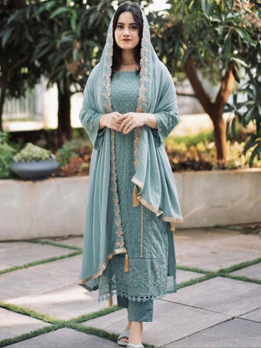 Women Ethnic Motifs Embroidered Regular Thread Work Kurta with Trousers & With Dupatta