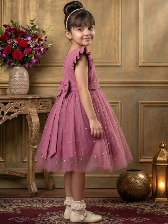 Girls Mauve Ruffled Sleeves Pearl Embellished Net Fit & Flare Party Dress