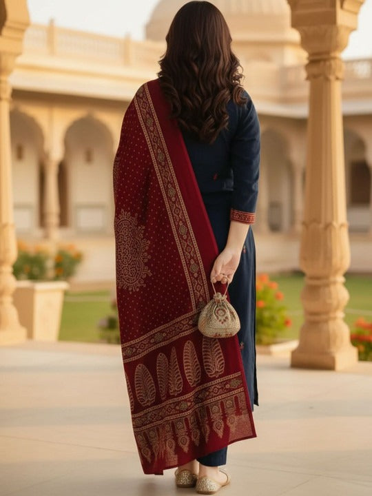 Women Ethnic Motifs Embroidered Regular Thread Work Kurta with Trousers & With Dupatta