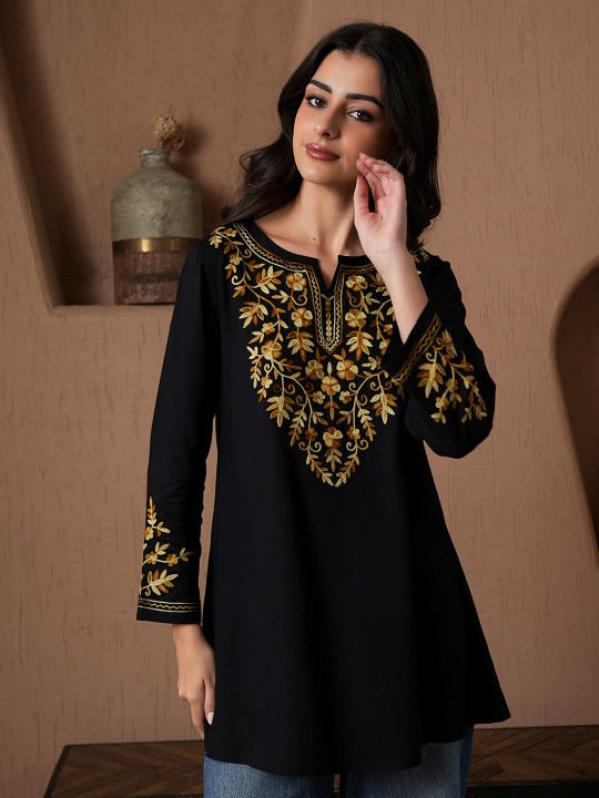 Qazmi Kashmiri Aari Work Viscose Rayon A-Line Flared Kurti