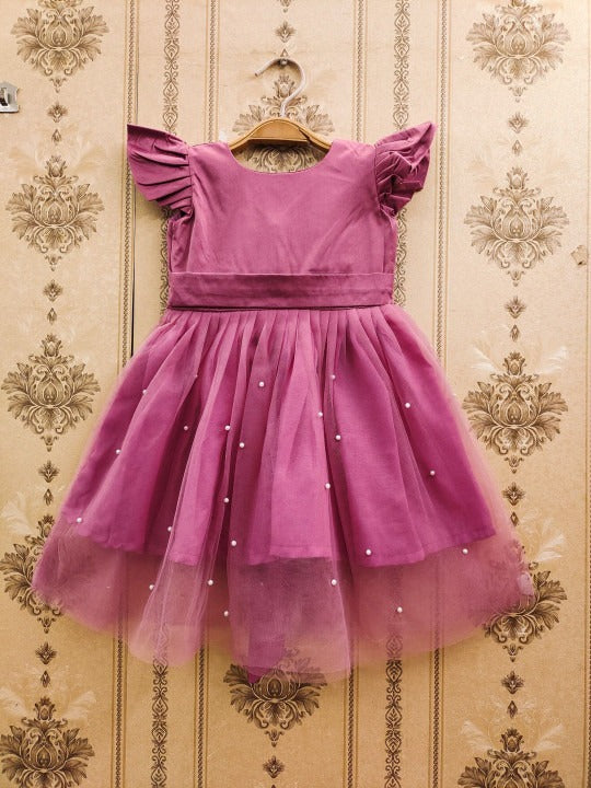 Girls Mauve Ruffled Sleeves Pearl Embellished Net Fit & Flare Party Dress