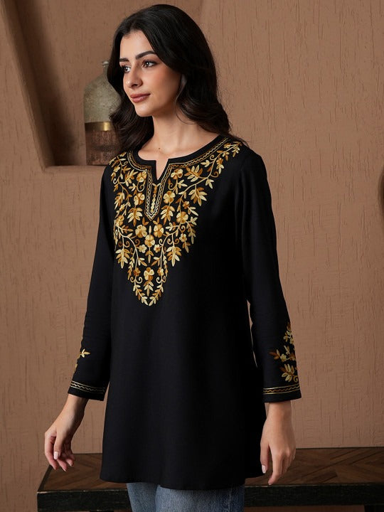 Qazmi Kashmiri Aari Work Viscose Rayon A-Line Flared Kurti