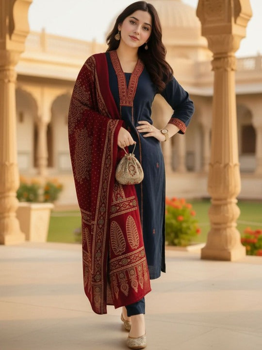 Women Ethnic Motifs Embroidered Regular Thread Work Kurta with Trousers & With Dupatta