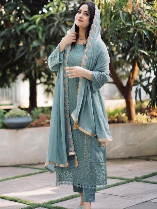Women Ethnic Motifs Embroidered Regular Thread Work Kurta with Trousers & With Dupatta