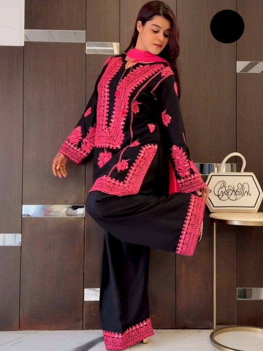 Women Ethnic Motifs Embroidered Regular Mirror Work Kurta with Palazzos & With Dupatta