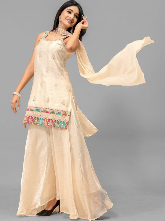 Women Ethnic Motifs Embroidered Regular Thread Work Kurta with Palazzos & With Dupatta