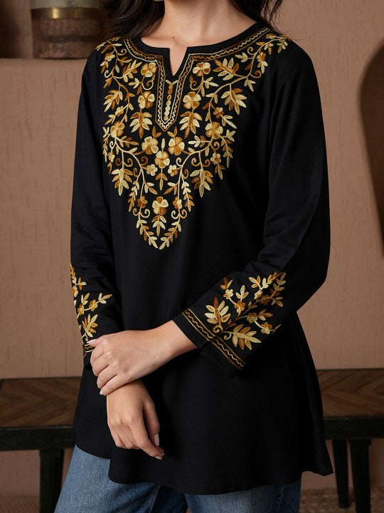 Qazmi Kashmiri Aari Work Viscose Rayon A-Line Flared Kurti