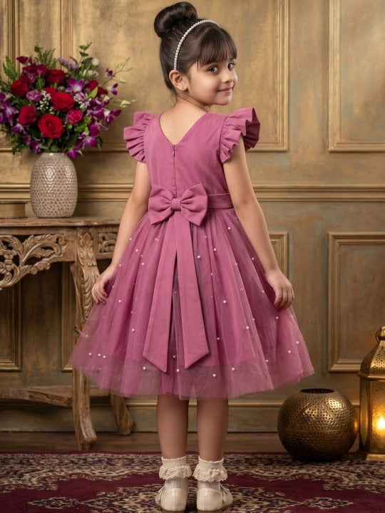 Girls Mauve Ruffled Sleeves Pearl Embellished Net Fit & Flare Party Dress