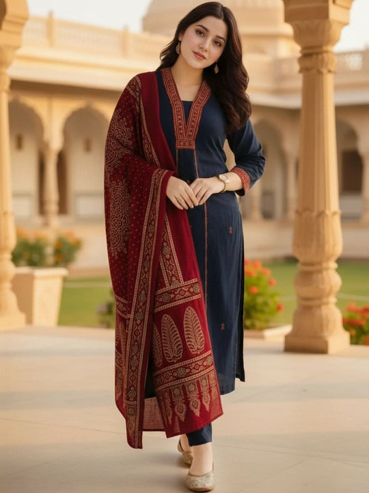 Women Ethnic Motifs Embroidered Regular Thread Work Kurta with Trousers & With Dupatta