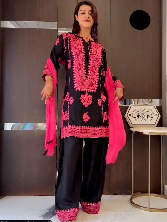Women Ethnic Motifs Embroidered Regular Mirror Work Kurta with Palazzos & With Dupatta