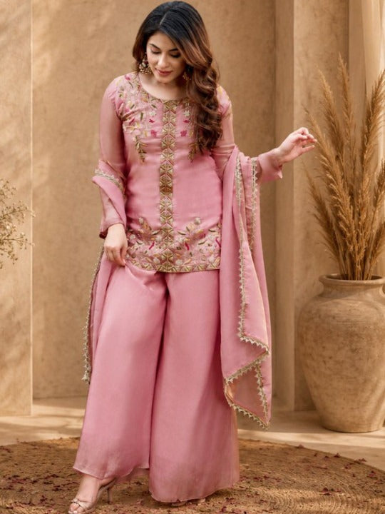 Women Floral Embroidered Regular Thread Work Kurta with Palazzos & With Dupatta