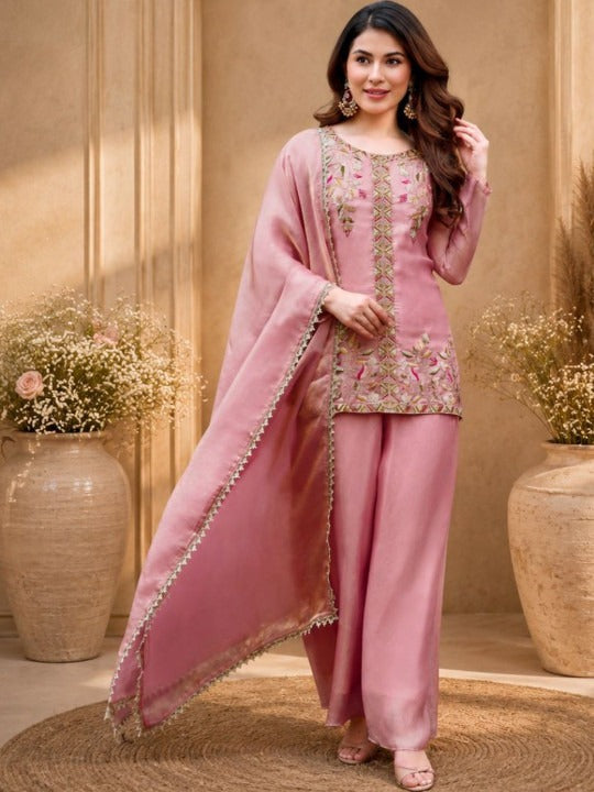 Women Floral Embroidered Regular Thread Work Kurta with Palazzos & With Dupatta