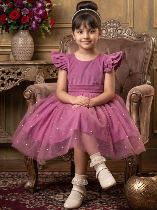 Girls Mauve Ruffled Sleeves Pearl Embellished Net Fit & Flare Party Dress
