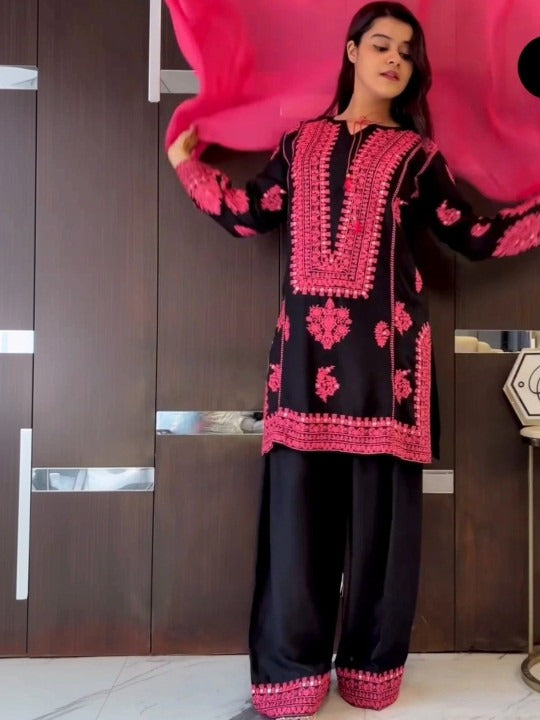 Women Ethnic Motifs Embroidered Regular Mirror Work Kurta with Palazzos & With Dupatta