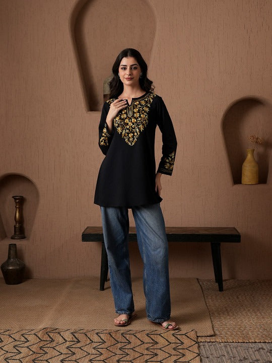 Qazmi Kashmiri Aari Work Viscose Rayon A-Line Flared Kurti