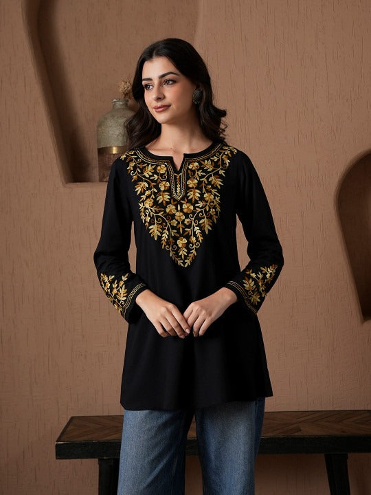 Qazmi Kashmiri Aari Work Viscose Rayon A-Line Flared Kurti