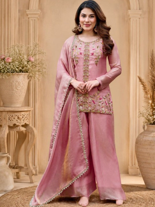 Women Floral Embroidered Regular Thread Work Kurta with Palazzos & With Dupatta
