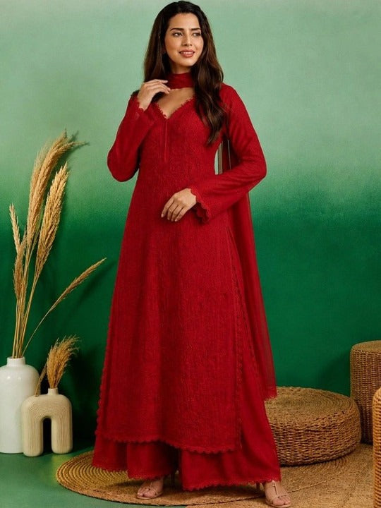 Women Ethnic Motifs Embroidered Regular Chikankari Kurta with Palazzos & With Dupatta