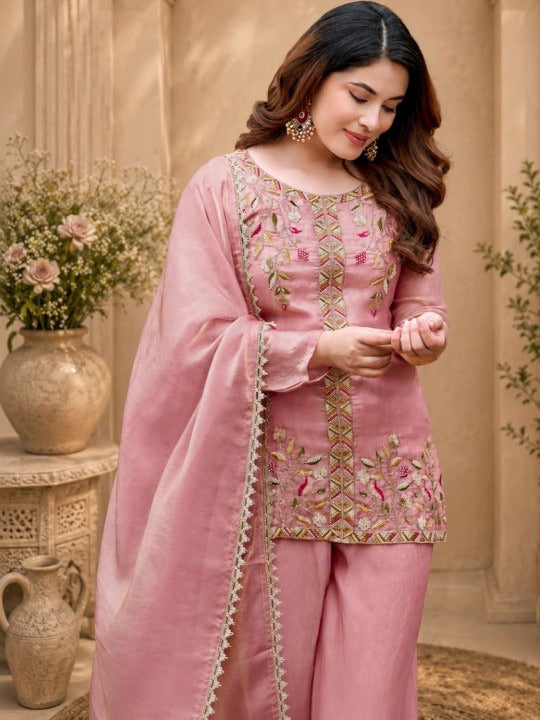Women Floral Embroidered Regular Thread Work Kurta with Palazzos & With Dupatta