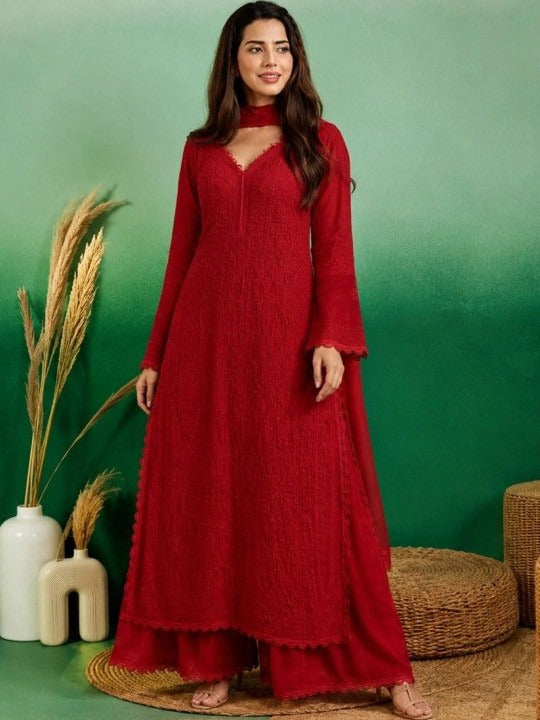 Women Ethnic Motifs Embroidered Regular Chikankari Kurta with Palazzos & With Dupatta