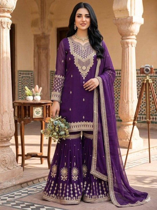 Women Ethnic Motifs Embroidered Thread Work Kurta with Sharara & Dupatta