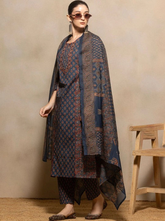 Women Ethnic Motifs Printed Regular Pure Cotton Kurta with Trousers & With Dupatta