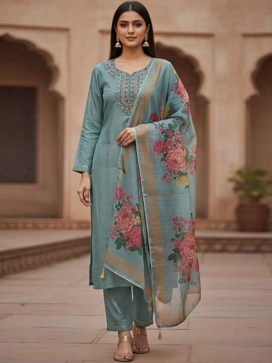 Women Embroidered Regular Kurta with Trousers & With Dupatta