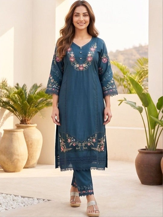 Women Floral Embroidered Regular Thread Work Pure Cotton Kurta with Trousers & With Dupatta