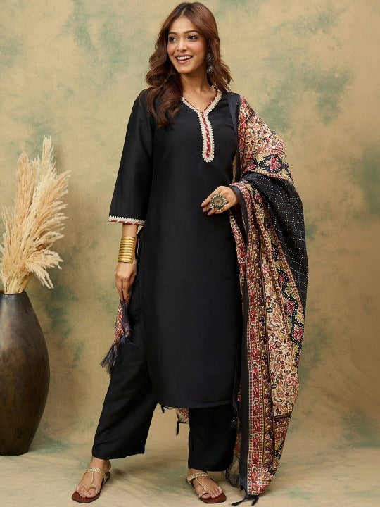 Women Ethnic Motifs Regular Thread Work Kurta with Trousers & With Dupatta