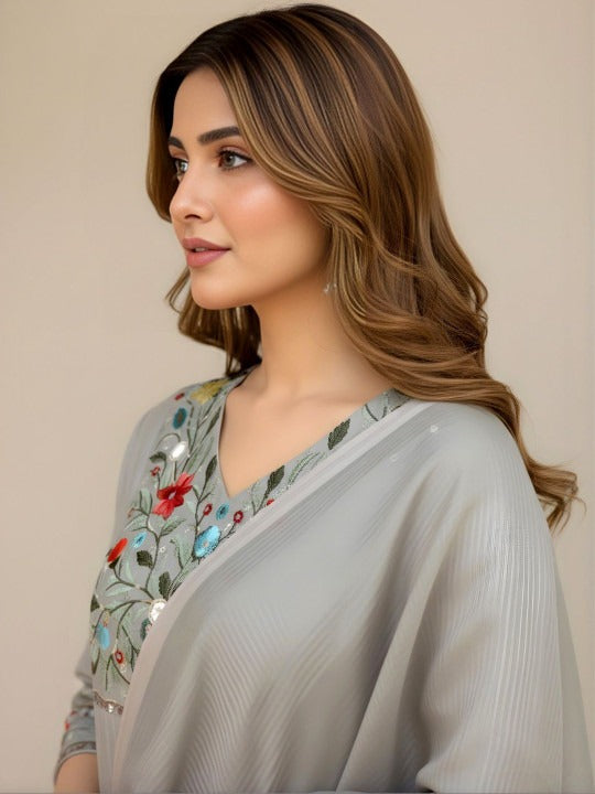 Women Floral Embroidered Regular Sequinned Kurta with Trousers & With Dupatta