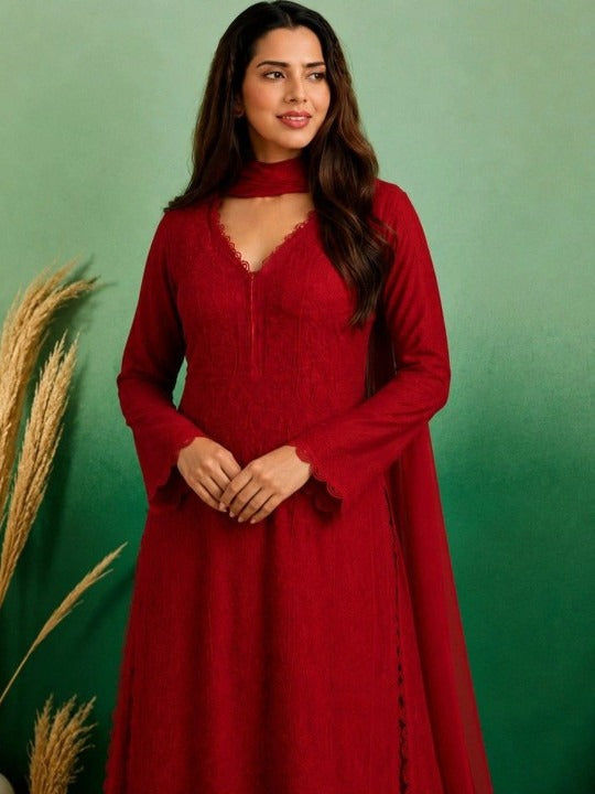Women Ethnic Motifs Embroidered Regular Chikankari Kurta with Palazzos & With Dupatta