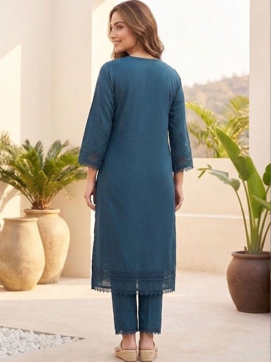 Women Floral Embroidered Regular Thread Work Pure Cotton Kurta with Trousers & With Dupatta