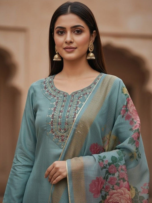 Women Embroidered Regular Kurta with Trousers & With Dupatta