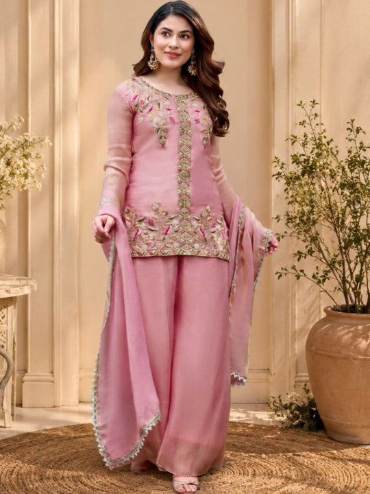 Women Floral Embroidered Regular Thread Work Kurta with Palazzos & With Dupatta