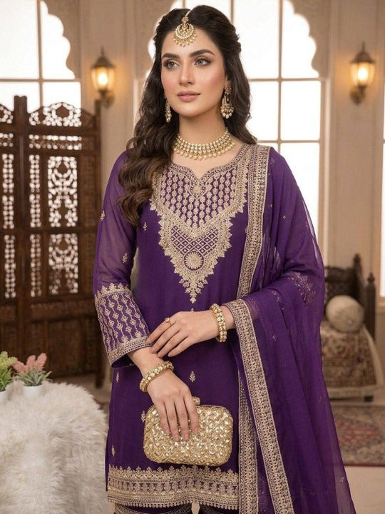 Women Ethnic Motifs Embroidered Thread Work Kurta with Sharara & Dupatta