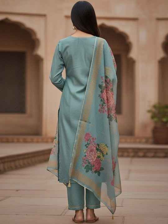 Women Embroidered Regular Kurta with Trousers & With Dupatta