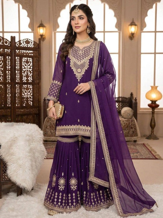 Women Ethnic Motifs Embroidered Thread Work Kurta with Sharara & Dupatta