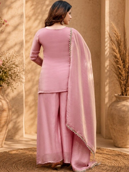 Women Floral Embroidered Regular Thread Work Kurta with Palazzos & With Dupatta