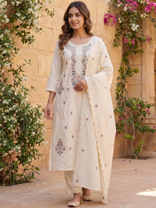 Floral Embroidered Thread Work Chanderi Cotton Kurta with Trousers & With Dupatta