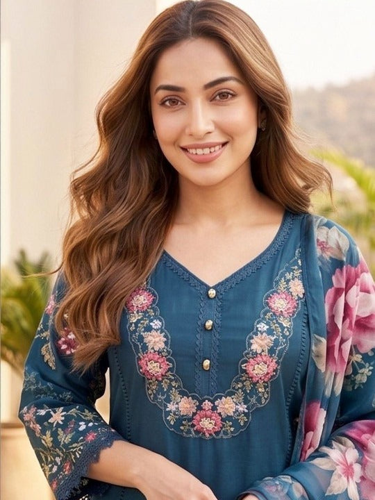 Women Floral Embroidered Regular Thread Work Pure Cotton Kurta with Trousers & With Dupatta