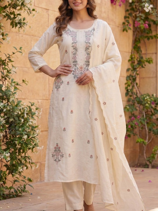 Floral Embroidered Thread Work Chanderi Cotton Kurta with Trousers & With Dupatta
