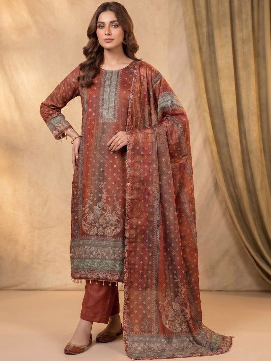 Women Ethnic Motifs Printed Regular Silk Crepe Kurta with Trousers & With Dupatta