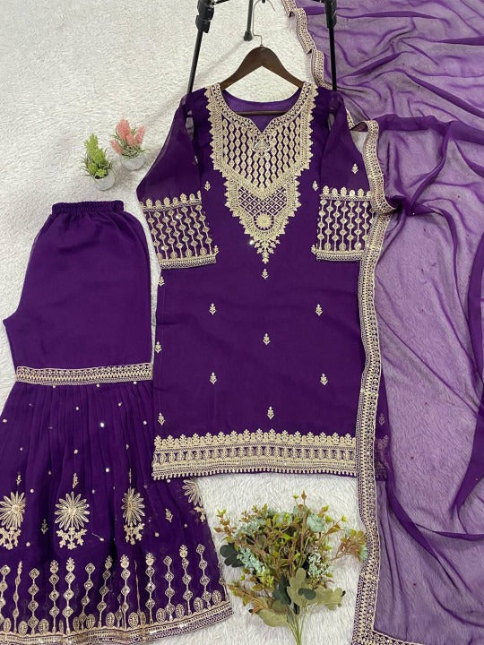 Women Ethnic Motifs Embroidered Thread Work Kurta with Sharara & Dupatta