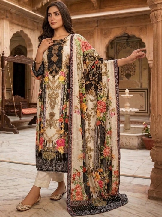 Women Ethnic Motifs Printed Regular Sequinned Pure Silk Kurta with Trousers & With Dupatta