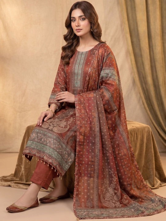 Women Ethnic Motifs Printed Regular Silk Crepe Kurta with Trousers & With Dupatta